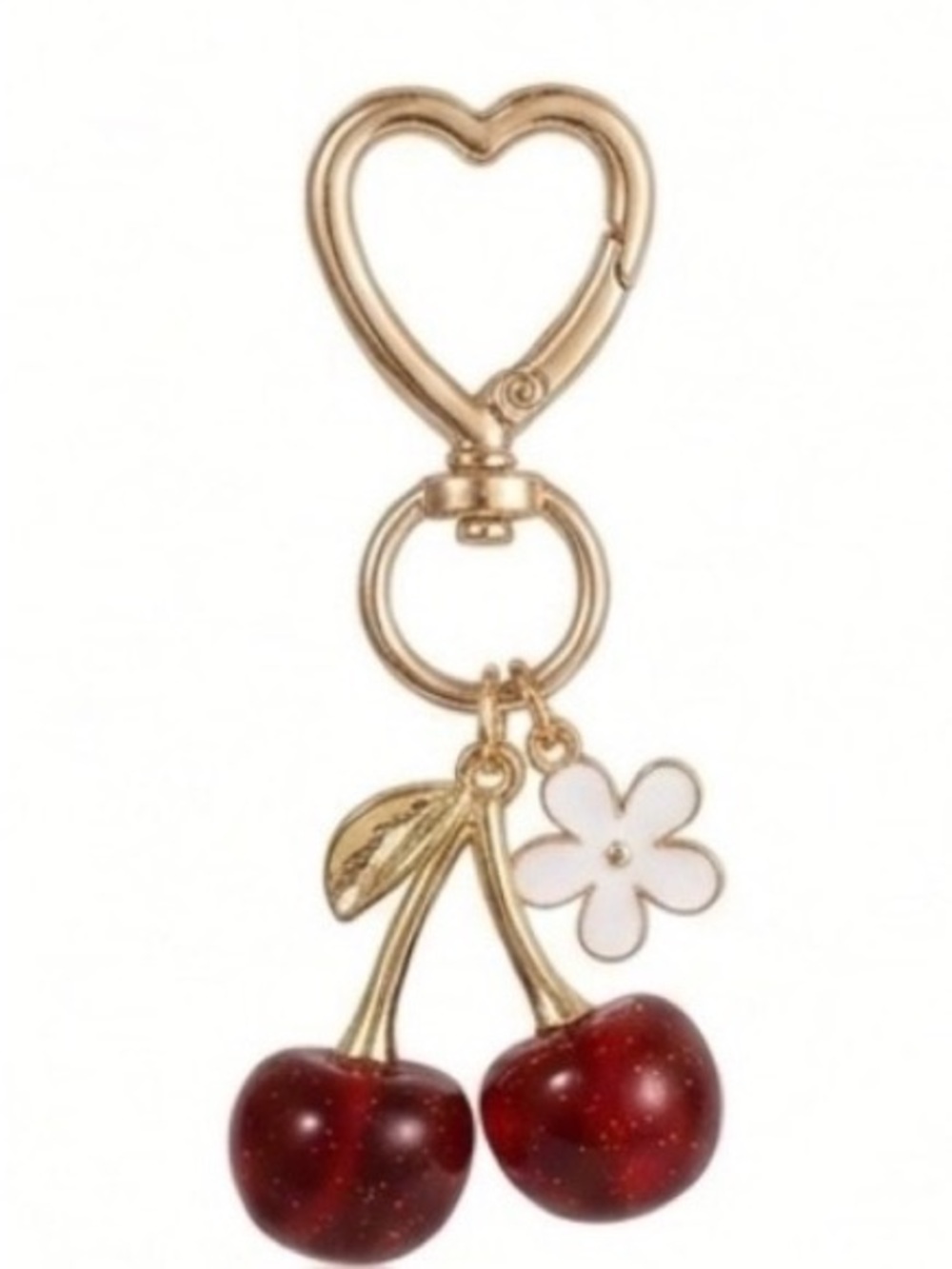 Cherry & Flower Gold Bag Charm With Heart Shaped Clasp - Picture 7 of 7
